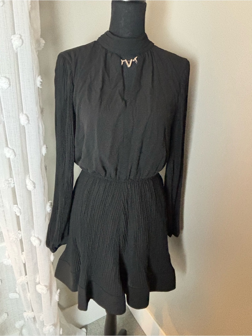 NEW Milly Black Long-Sleeve Pleated-Waist Dress Size 8 - Picture 10 of 15